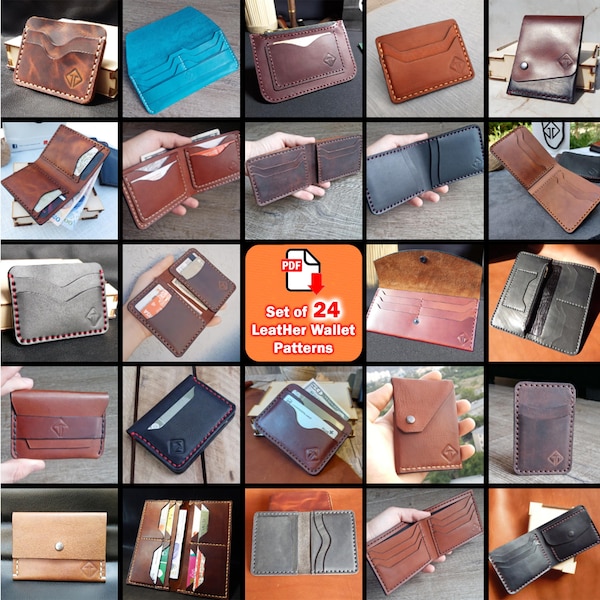 24 Leather Wallet PDF Patterns, Wallet Pattern Bundle includes: Long Wallet Pattern, Bifold Wallet Pattern, Card holder, Modern wallet PDF