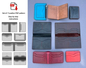 Set of 7 Leather Wallet Pattern, Leather Wallet PDF, Bifold Wallet pdf, Long Wallet Pattern, Card Holder PDF, Wallet pattern, PDf Pattern