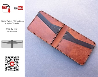 May include: A brown leather bifold wallet with black leather accents and stitching. The wallet is open and shows the interior with multiple card slots and a money pocket. The image includes a PDF download icon, a YouTube logo, and a QR code.