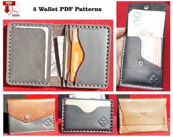 Set of 5 Wallet PDF Patterns, Wallet pattern, Minimalist wallet pattern, PDF wallet, Leathercraft Pattern, Slim wallet, Leather Pattern, PDF