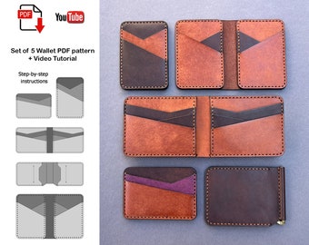 May include: Set of five leather wallet patterns in PDF format with a video tutorial. The patterns include a variety of styles, including a bi-fold wallet with a money clip, a tri-fold wallet, and a minimalist wallet. The patterns are shown in gray and white, while the finished wallets are shown in brown and black leather.