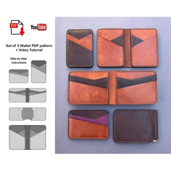 5er Set Leder Geldbörse Muster, Leder Geldbörse PDF, Wallet PDF, Bifold Wallet pdf, Kartenhalter PDF, Wallet Muster, Pattern, Video Tutorial