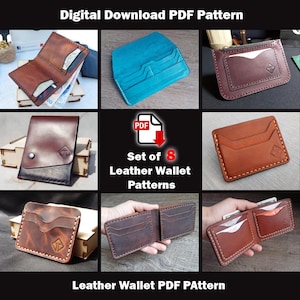 Patrón de billetera de cuero en PDF. El paquete de 8 patrones de billetera incluye: patrón de billetera larga, patrón de billetera plegable, tarjetero en PDF, billetera moderna en PDF.