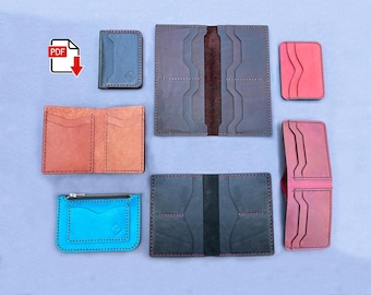 May include: Assortment of six leather wallets in various colors and styles. The wallets are all closed and arranged in a row on a light blue surface.