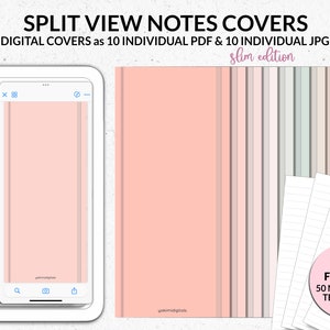 Puede incluir: Cubiertas de cuaderno digital en diseño de vista dividida, con una cubierta de color melocotón y una maqueta de pantalla de teléfono a juego. La imagen incluye 10 cubiertas digitales PDF y JPG individuales, más 50 plantillas de papel de notas. El texto dice "Split View Notes Covers".