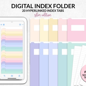 Puede incluir: Un archivo de índice digital con 20 pestañas de índice con hipervínculos en colores pastel. La imagen incluye una tableta que muestra el índice digital, pestañas de índice físicas y un regalo de 50 plantillas de papel de notas. El texto en la imagen dice "Digital Index Folder".