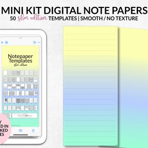 Op de afbeelding: Digitale notitiepapier sjablonen weergegeven op een tablet en twee vellen notitiepapier met kleurovergang. Het tabletscherm toont verschillende notitiepapierontwerpen. Tekst op de afbeelding luidt "MINI KIT DIGITAL NOTE PAPERS" en "NEATLY ORGANIZED IN HYPERLINKED LIBRARIES."