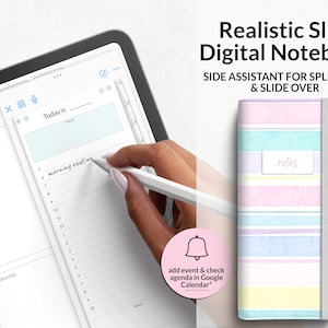 May include: A digital notebook with a pastel striped cover and the word "notes" on a white label. The screen shows a digital planner with the text "morning routine". The text "Realistic Slim Digital Notebook" is displayed.