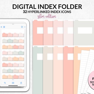 May include: Digital index folder with 32 hyperlinked index icons in pastel shades. The image shows a tablet and a smartphone displaying the digital index. Index tabs and notepaper templates are also included.