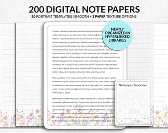 Puede incluir: Papeles de notas digitales con 50 plantillas de retrato y 3 opciones de textura de papel. La imagen muestra una pila de papeles de notas digitales con detalles florales y el texto "200 DIGITAL NOTE PAPERS". Los papeles están organizados en bibliotecas con hipervínculos.