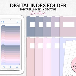 Puede incluir: Carpeta de índice digital con 20 pestañas de índice con hipervínculos en una edición delgada. La imagen muestra una tableta y un teléfono inteligente que muestran el índice digital, con pestañas en tonos de azul, rosa y morado. Incluye 50 plantillas de papel de notas.
