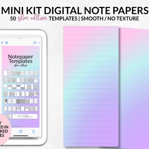 Op de afbeelding: Digitale notitiepapier sjablonen in een slanke editie, met een verloop van roze, blauw en paars. De afbeelding toont een tablet met verschillende notitiepapierontwerpen, samen met twee fysieke notitiepapierbladen. Tekst op de afbeelding is "MINI KIT DIGITAL NOTE PAPERS".