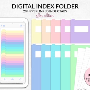 Puede incluir: Carpeta de índice digital con 20 pestañas de índice con hipervínculos. La imagen muestra una tableta y un conjunto de pestañas de índice coloridas en tonos pastel. El texto de la imagen dice "slim edition" y "Gift for you 50 notepaper templates."