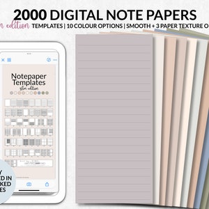 Könnte beinhalten: Digitale Notizpapier-Vorlagen mit 10 Farboptionen und 3 Papiertexturoptionen. Das Bild zeigt ein Tablet mit den Vorlagen, einen Stapel farbiger Papiere und den Text "2000 DIGITAL NOTE PAPERS".