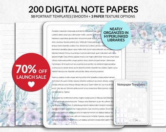 Puede incluir: Una colección de 200 papeles de notas digitales con 50 plantillas en formato vertical con opciones lisas y texturizadas. Las páginas muestran ilustraciones florales azules, áreas de escritura con líneas y una pequeña tarjeta Notepaper Templates.