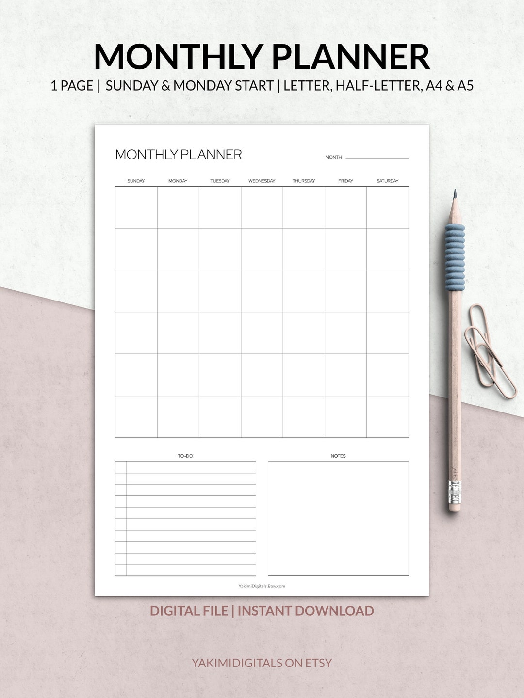 Monthly Planner Printable Undated Printable Calendar Monthly Agenda ...