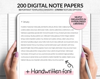 May include: Digital note papers with 50 portrait templates, smooth and 3 paper texture options. The image shows a tablet with text and the words "Handwritten font". The text says "200 Digital Note Papers".