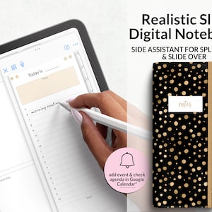 Puede incluir: Un cuaderno digital con una cubierta negra con lunares dorados y la palabra "notas" en una etiqueta blanca. La imagen también muestra una tableta con una interfaz de planificador digital y el texto "Realistic Slim Digital Notebook".