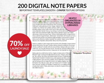Puede incluir: Una colección de 200 papeles de notas digitales con 50 plantillas en formato vertical con opciones lisas y texturizadas. Las páginas muestran bordes florales, áreas de escritura con líneas y texto. Un recuadro muestra una cuadrícula.