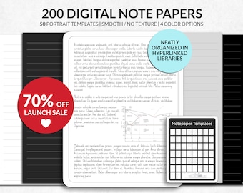May include: A collection of 200 digital note papers featuring 50 portrait templates in four colour options. The set includes smooth, non-textured pages organised in hyperlinked libraries, with a small grid-style notepaper template index.