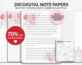 Puede incluir: Una colección de 200 papeles de notas digitales con 50 plantillas en formato vertical con opciones lisas y texturizadas. Las páginas muestran ilustraciones florales en rosa y verde, áreas de escritura rayadas y una pequeña tarjeta Notepaper Templates.