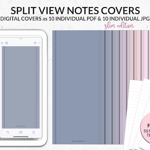 Puede incluir: Imagen de portadas de cuadernos digitales con el texto "SPLIT VIEW NOTES COVERS". Las portadas son en tonos de azul, morado y rosa. También se muestra un smartphone y una pila de papel de notas. El texto "GIFT FOR YOU 50 NOTEPAPER TEMPLATES" también es visible.