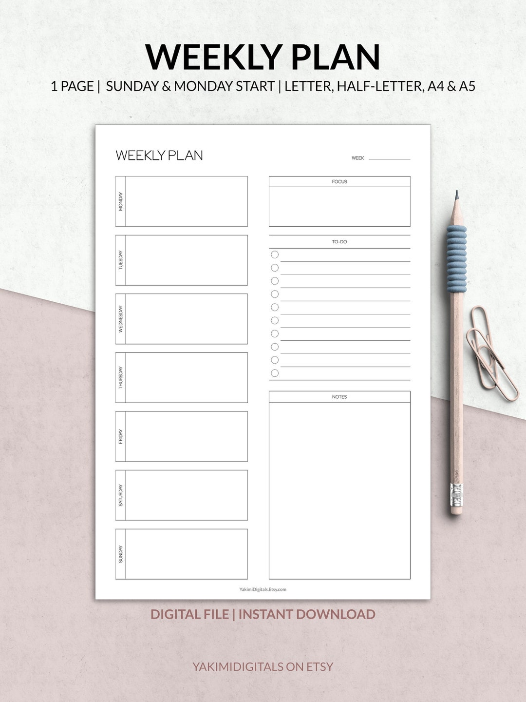 Weekly Planner Printable, Weekly Planner PDF Template, Weekly Agenda ...