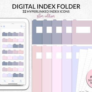 Puede incluir: Carpeta de índice digital con 32 iconos de índice con hipervínculos en una edición delgada. La imagen muestra una tableta y un teléfono que muestran el índice digital, junto con tarjetas de índice físicas en tonos de azul, morado y rosa. Incluye 50 plantillas de papel de notas.