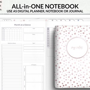 May include: An open notebook with a digital planner layout and a closed notebook with a pink polka dot design. The text reads "ALL-in-ONE NOTEBOOK" and "USE AS DIGITAL PLANNER, NOTEBOOK OR JOURNAL". The closed notebook has a circle that says "my notes".