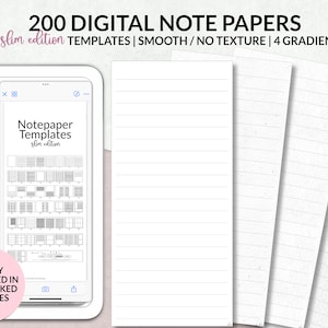 Op de afbeelding: Afbeelding met digitale notitiepapier sjablonen met de tekst "200 DIGITAL NOTE PAPERS" en "50 slim edition TEMPLATES". De afbeelding toont een tablet met sjablonen en voorbeelden van gelijnd papier. De tekst "NEATLY ORGANIZED IN HYPERLINKED LIBRARIES" is ook zichtbaar.