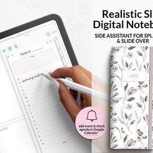 Puede incluir: Una tableta digital que muestra un cuaderno digital con un lápiz óptico que escribe "morning routine". También se muestra un cuaderno físico con un diseño floral y la palabra "notes". El texto dice "Realistic Slim Digital Notebook".