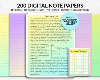 May include: Digital note paper templates with 200 pages, 50 portrait templates, smooth texture, and 4 gradient color options. The image includes text about the origins and production of steel, and a preview of the templates.