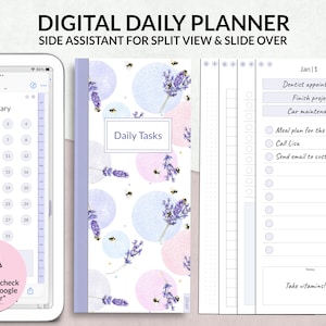 Puede incluir: Planificador diario digital con diseño de lavanda y abejas. El planificador incluye un calendario, una lista de tareas diarias y una sección de notas. El texto "Daily Tasks" es visible en la portada. Diseñado para vista dividida y deslizamiento.