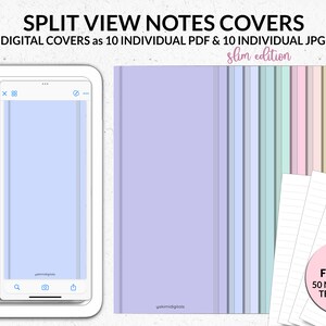 Puede incluir: Imagen de portadas de cuadernos digitales y plantillas de papel de notas. El texto dice "SPLIT VIEW NOTES COVERS" y "DIGITAL COVERS as 10 INDIVIDUAL PDF & 10 INDIVIDUAL JPG." Una tableta y un smartphone muestran las portadas. Un círculo rosa dice "GIFT FOR YOU 50 NOTEPAPER TEMPLATES."