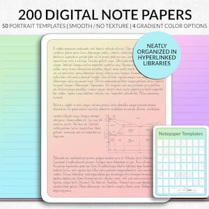 May include: Digital note papers with 50 portrait templates, smooth texture, and 4 gradient color options. The image shows a variety of lined paper designs in pastel colors, with text and a calendar template.