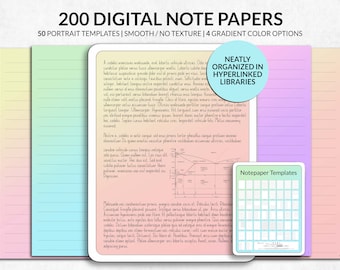 May include: Digital note papers with 50 portrait templates, smooth texture, and 4 gradient color options. The image shows a variety of lined paper designs in pastel colors, with text and a calendar template.