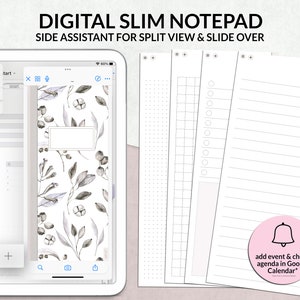 Puede incluir: Bloc de notas digital delgado con un diseño floral en la pantalla de una tableta. El bloc de notas incluye varios diseños de página, como páginas punteadas, cuadriculadas y rayadas. El texto "DIGITAL SLIM NOTEPAD" y "SIDE ASSISTANT FOR SPLIT VIEW & SLIDE OVER" son visibles.