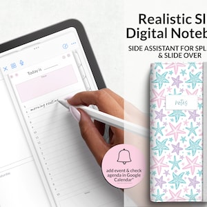 Puede incluir: Un cuaderno digital con un diseño de estrellas de mar en rosa, azul y morado. El cuaderno se muestra junto a una tableta que muestra una interfaz de planificador digital. El texto "Realistic Slim Digital Notebook" es visible.
