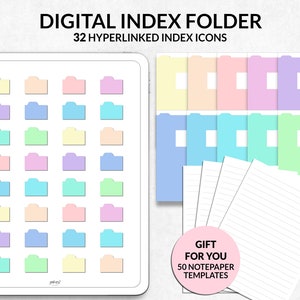 Puede incluir: Carpeta de índice digital con 32 iconos de índice con hipervínculos en colores pastel. La imagen también incluye un conjunto de carpetas de archivos coloridas y plantillas de papel de notas rayado. El texto en la imagen dice "GIFT FOR YOU 50 NOTEPAPER TEMPLATES".