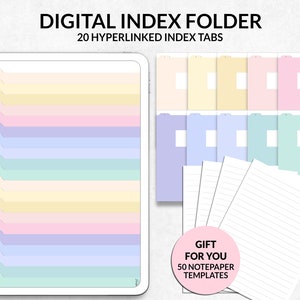 May include: Digital index folder with 20 hyperlinked index tabs in pastel colors. Includes 50 notepaper templates. The image shows a digital tablet with numbered tabs and a set of physical folders and notepaper.
