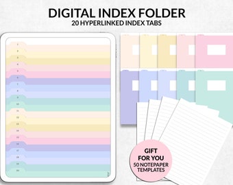 Op de afbeelding: Digitale indexmap met 20 hyperlinked index tabs in pastelkleuren. Inclusief 50 notitiepapier sjablonen. De afbeelding toont een digitale tablet met genummerde tabs en een set fysieke mappen en notitiepapier.
