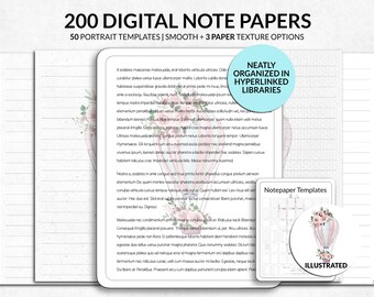 Puede incluir: Una colección de 200 papeles de notas digitales con 50 plantillas verticales en opciones lisas y texturizadas. Las páginas muestran una ilustración de globo aerostático con flores y texto. Una insignia azul dice NEATLY ORGANIZED IN HYPERLINKED LIBRARIES.