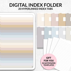 Puede incluir: Carpeta de índice digital con 20 pestañas de índice con hipervínculos. Las pestañas son de una variedad de colores pastel. La imagen también incluye un conjunto de plantillas de papel de notas. El texto de la imagen dice "REGALO PARA TI 50 PLANTILLAS DE PAPEL DE NOTAS".