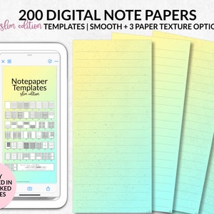 Puede incluir: Plantillas de papel de notas digitales con un esquema de color degradado. La imagen muestra una tableta que muestra las plantillas, junto con varias hojas de papel de notas físicas. El texto de la imagen dice "200 DIGITAL NOTE PAPERS" y "50 slim edition TEMPLATES".