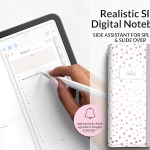 Puede incluir: Un cuaderno digital con una cubierta de lunares rosas y blancos se muestra junto a una tableta. La pantalla de la tableta muestra un planificador digital con el texto "Today is" y "morning routine". El cuaderno tiene la palabra "notes" escrita. También es visible el texto "Realistic Slim Digital Notebook".