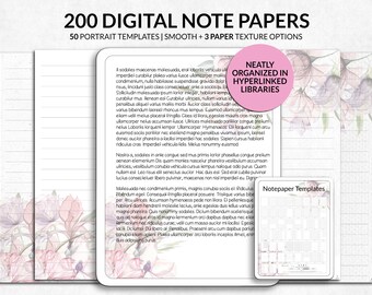 Puede incluir: Una colección de 200 papeles de notas digitales con 50 plantillas verticales, opciones lisas y texturizadas. Las páginas muestran ilustraciones florales en rosa y verde, texto negro y una insignia circular rosa que dice NEATLY ORGANIZED IN HYPERLINKED LIBRARIES.