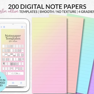 May include: An image showcasing digital notepaper templates. The image features a tablet displaying various notepaper designs and a stack of lined paper in pastel gradients. Text on the image reads "200 Digital Note Papers" and "50 slim edition templates."