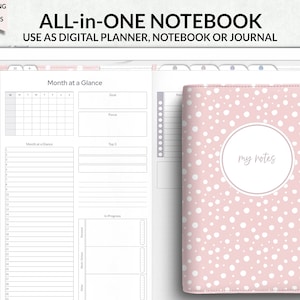 Puede incluir: Un cuaderno rosa con lunares blancos y las palabras "my notes" en un círculo blanco. El cuaderno está abierto para revelar plantillas de planificación. El texto en la parte superior dice "ALL-in-ONE NOTEBOOK" y "USE AS DIGITAL PLANNER, NOTEBOOK OR JOURNAL".