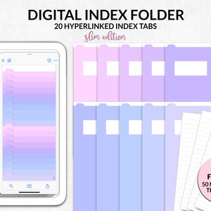 Puede incluir: Carpeta de índice digital con 20 pestañas de índice con hipervínculos en una edición delgada. La imagen muestra una tableta y un teléfono que muestran el índice digital, con pestañas en tonos de morado y azul. También se incluye un regalo de 50 plantillas de papel de notas.