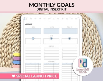 Digital Planner Insert Kit Monthly Goals Planner for Customizable Digital Planner, Portrait Goodnotes Planner Template